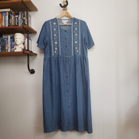 Vintage Dresses & Skirts - Vintage 90s Denim Jean Maxi Dress Floral Cottagecore Western 1990s Boho Bohemian